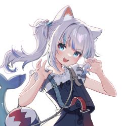 Rule 34 | 1girl, :d, animal ear fluff, animal ears, black dress, blue eyes, blue hair, blue nails, blush, cat ears, claw pose, commentary, cube hair ornament, dress, gawr gura, gawr gura (casual), hair ornament, hands up, hololive, hololive english, long hair, looking at viewer, multicolored hair, nail polish, open mouth, romaji commentary, seoki (hi3031), sharp teeth, shirt, side ponytail, simple background, sleeveless, sleeveless dress, smile, solo, streaked hair, teeth, upper body, v-shaped eyebrows, virtual youtuber, white background, white shirt