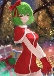 Rule 34 | 1girl, absurdres, anima miko, bow, box, capelet, christmas, christmas tree, closed mouth, gift, gift box, gloves, green hair, hair bow, highres, kazami yuuka, looking at viewer, plaid, plaid bow, red bow, red capelet, red eyes, santa costume, santa gloves, short hair, smile, snowflakes, solo, standing, touhou, v arms