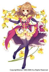 Rule 34 | 1girl, :d, ascot, black footwear, black thighhighs, bow, breasts, brown hair, cleavage, epaulettes, floral background, flower, flower knight girl, full body, hair bow, layered skirt, long hair, looking at viewer, name connection, object namesake, official art, oncidium (flower knight girl), open mouth, ponytail, shoes, skirt, skirt hold, smile, solo, standing, standing on one leg, sugimeno, thigh gap, thighhighs, yellow bow, yellow eyes, zettai ryouiki