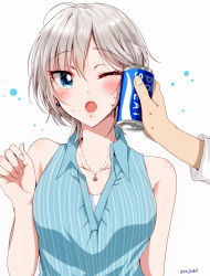 Rule 34 | 1girl, anastasia (idolmaster), blue shirt, breasts, can, collared shirt, earrings, eyelashes, gen (enji), highres, holding, holding can, idolmaster, idolmaster cinderella girls, jewelry, looking at viewer, medium breasts, one eye closed, open mouth, shiny skin, shirt, short hair, silver hair, sleeveless, sleeveless shirt, striped clothes, striped shirt, sweatdrop, twitter username, vertical-striped clothes, vertical-striped shirt, white background, wing collar