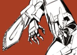 Rule 34 | arm blade, chainsaw, head tilt, highres, kawasemi alter, looking down, mecha, monochrome, muv-luv, muv-luv alternative, no humans, open hand, portrait, red background, robot, solo, spot color, su-37 terminator (muv-luv), tactical surface fighter, weapon