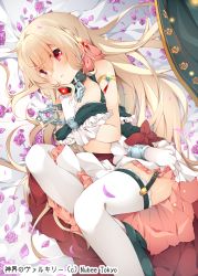 Rule 34 | 1girl, :o, ahoge, arm between breasts, armlet, bad id, bad pixiv id, bare shoulders, bed sheet, between breasts, blonde hair, bow, breasts, chain, collar, copyright name, cowboy shot, flower, frills, from above, garter straps, gem, glint, gloves, hair between eyes, hand on own hip, helen (shinkai no valkyrie), jewelry, kazato fuuchi, long hair, looking at viewer, lying, official art, on side, parted lips, petals, pink eyes, pink flower, pink rose, rose, rose petals, shinkai no valkyrie, shiny skin, shoes, skirt, solo, tareme, thighhighs, white gloves, white thighhighs, wrist cuffs, zettai ryouiki