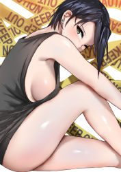 Rule 34 | 1girl, bare arms, bare legs, bare shoulders, black hair, blush, breasts, breasts on lap, caution tape, earrings, feet out of frame, from side, highres, invisible chair, jewelry, keep out, knee up, leaning forward, looking at viewer, looking to the side, medium breasts, midorikawa maki, mole, mole under eye, no bra, no pants, norman maggot, one eye closed, revision, sakura quest, shiny skin, short hair, sideboob, sitting, sleeveless, solo, stud earrings, tank top, thighs, tsurime