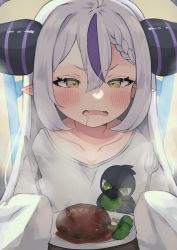 Rule 34 | 1girl, absurdres, ahoge, blouse, blush, braid, collarbone, commentary, crow (la+ darknesss), demon horns, dot nose, fangs, food, fork, grey hair, hamburger steak, hands in sleeves, highres, holding, holding fork, holding knife, hololive, holox, horns, hungry, knife, la+ darknesss, long hair, looking at food, looking down, multicolored hair, nemuta muu, open mouth, oversized clothes, oversized shirt, pointy ears, purple hair, saliva, shirt, sidelocks, single braid, steam, two-tone hair, virtual youtuber, white shirt, yellow eyes