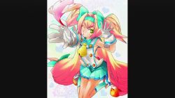 Rule 34 | 1girl, arc system works, armpits, bell, blazblue, blazblue: continuum shift, blonde hair, blowing kiss, border, bow, cowbell, flat chest, gloves, green eyes, hair bow, hairband, heart, heart-shaped pupils, ishiwatari daisuke, kiss, knees together feet apart, legs together, magical girl, official art, one eye closed, outstretched hand, platinum the trinity, skirt, socks, solo, symbol-shaped pupils, twintails, wink
