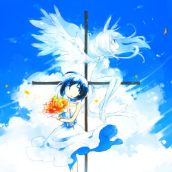 Rule 34 | 1girl, ahoge, bare shoulders, black hair, blue dress, blue hair, blue sky, body fur, bouquet, cloud, cross, dress, falling petals, feathered wings, flower, head wings, holding, holding bouquet, holding flower, legs together, long hair, looking away, multicolored hair, no sclera, original, parted lips, petals, profile, rakuni, short hair, sideways glance, sitting, sky, sleeveless, sleeveless dress, solo, spaghetti strap, standing, two-sided dress, two-sided fabric, white dress, white fur, white hair, white wings, wind, wings
