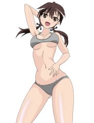 Rule 34 | 1girl, blush, bra, breasts, brown eyes, brown hair, gertrud barkhorn, grey bra, grey panties, groin, long hair, looking at viewer, medium breasts, navel, open mouth, panties, smile, solo, standing, strike witches, underwear, underwear only, world witches series