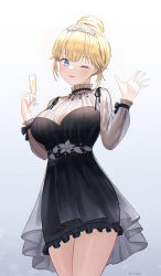 Rule 34 | 1girl, :d, absurdres, alcohol, black dress, blonde hair, blue eyes, blush, breasts, champagne, champagne flute, cleavage, collarbone, cup, doham, dress, drinking glass, frilled dress, frills, gradient background, hair bun, highres, hololive, hololive english, long hair, looking at viewer, medium breasts, one eye closed, open mouth, see-through, see-through sleeves, single hair bun, smile, solo, tiara, virtual youtuber, watson amelia, watson amelia (party dress), waving