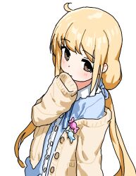 Rule 34 | 1girl, azmira1534815, blonde hair, blue dress, blush, brown eyes, cardigan, dress, futaba anzu, idolmaster, idolmaster cinderella girls, long hair, looking at viewer, low twintails, open cardigan, open clothes, simple background, sleeves past fingers, sleeves past wrists, smile, solo, twintails, upper body, white background