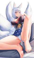 Rule 34 | 1boy, 1girl, absurdres, animal ears, azur lane, barefoot, blue eyes, blue nails, blue skirt, blunt bangs, breasts, bulge, erection, erection under clothes, feet, footjob, footjob over clothes, foreshortening, fox ears, fox tail, grey pants, hand up, hetero, highres, jewelry, kaga (azur lane), knee up, large breasts, legs, looking at viewer, maozi dan, medium hair, microskirt, multiple tails, nail polish, off shoulder, open mouth, out of frame, panties, pants, ring, sidelocks, simple background, skirt, soles, solo, swept bangs, tail, thighs, toenail polish, toenails, toes, two-footed footjob, underwear, v, white panties