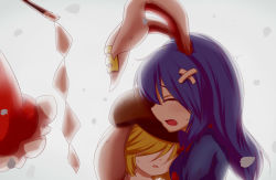 Rule 34 | 3girls, animal ears, backlighting, blonde hair, blue hair, brown hat, chinese text, closed eyes, crying, dior-zi, earclip, ears down, face, floppy ears, frilled skirt, frills, from side, gohei, grey background, hair over eyes, hakurei reimu, hat, highres, long hair, multiple girls, open mouth, out of frame, petals, rabbit ears, red skirt, ringo (touhou), seiran (touhou), skirt, touhou
