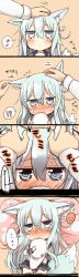 Rule 34 | !?, ..., 10s, 1boy, 1girl, :d, @ @, ^ ^, admiral (kancolle), animal ears, animalization, bad id, bad twitter id, black skirt, black thighhighs, blush, closed eyes, clothes lift, comic, commentary request, dog ears, dog tail, grey eyes, hair between eyes, hammer and sickle, hat, headpat, hibiki (kancolle), highres, holding, holding clothes, holding hat, in heat, kantai collection, kemonomimi mode, long hair, long sleeves, looking up, lying, musical note, neckerchief, nonono (mino), nose blush, open mouth, panties, pantyshot, pillow, pleated skirt, school uniform, serafuku, silver hair, simple background, skirt, skirt lift, smile, spoken squiggle, squiggle, sweatdrop, tail, tail wagging, thighhighs, translation request, underwear, unworn hat, unworn headwear, verniy (kancolle), white panties