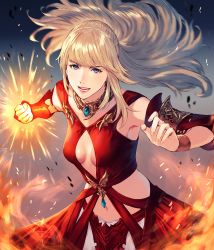 Rule 34 | 1girl, armpits, blonde hair, blue eyes, breasts, cleavage cutout, clenched hand, clothing cutout, detached sleeves, female focus, final fantasy, final fantasy xiv, fire, floating hair, gauntlets, glowing, highres, jewelry, long hair, looking at viewer, lyse hext, makimura shunsuke, navel, necklace, open mouth, ponytail, revealing clothes, single gauntlet, small breasts, smile, solo