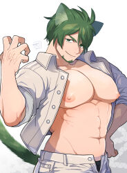 Rule 34 | 1boy, abs, animal ears, artist name, bara, black male underwear, cat boy, cat ears, cat tail, closed mouth, facial hair, green eyes, green hair, hand on own hip, jacket, large pectorals, male focus, male underwear, male underwear peek, muscular, muscular male, navel, nipples, onnomono, open clothes, open jacket, open pants, original, pants, pectorals, short hair, simple background, smile, solo, tail, underwear, white background, white jacket, white pants