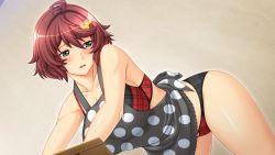 1girl ahoge aku_no_onna_kanbu_2 apron arm_support blush bra brown_hair collarbone female_focus game_cg green_eyes hair_ornament hairclip lune_(company) ooeyama_yasura open_mouth panties short_hair solo underwear