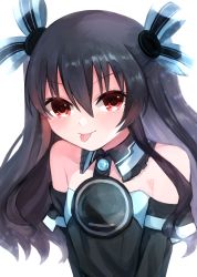 Rule 34 | absurdres, bare shoulders, black hair, breasts, collar, dress, hair ornament, hairclip, highres, long hair, neptune (series), rairai vortext, red eyes, simple background, small breasts, smile, socks, tongue, tsundere, twintails, two side up, uni (neptunia), white background