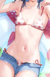 Rule 34 | 1girl, afloat, armpits, bikini, black hair, breasts, collarbone, denim, denim shorts, food, food print, fruit, head out of frame, highres, holding, ichigo-chan (mignon), long hair, lying, mignon, navel, on back, open clothes, open shorts, original, print bikini, short shorts, shorts, side-tie bikini bottom, small breasts, solo, stomach, strawberry, strawberry print, swim ring, swimsuit, thigh gap, unbuttoned, water, wet