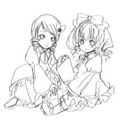 Rule 34 | 00s, 2girls, :o, blush, bow, dress, drill hair, eyebrows, frills, greyscale, hair bow, heart, hinaichigo, juliet sleeves, kanaria, long sleeves, looking at viewer, monochrome, multiple girls, parted lips, puffy long sleeves, puffy sleeves, ribbon, rozen maiden, short hair, simple background, white background