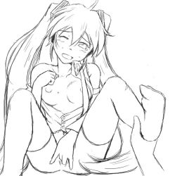 Rule 34 | 1girl, breasts, female masturbation, greyscale, hatsune miku, kit (studio), lineart, long hair, masturbation, monochrome, small breasts, solo, twintails, very long hair, vocaloid, wince