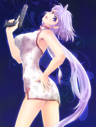 Rule 34 | 1girl, :d, blue eyes, breasts, china dress, chinese clothes, dress, fangs, gun, handgun, heterochromia, highres, holding, holding gun, holding weapon, large breasts, lavolpe (yagisaka seto), legs, long hair, open mouth, original, purple eyes, shiny skin, silver hair, smile, solo, thighs, trigger discipline, very long hair, weapon, yagisaka seto
