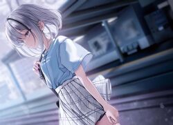 Rule 34 | 1girl, black hair, blue eyes, commentary request, grey hair, highres, looking to the side, multicolored hair, outdoors, parted lips, second-party source, shirt, shoujo jian, skirt, smile, solo, streaked hair, train station, two-tone hair, yukimi fumika, yunmi 0527