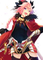 Rule 34 | 1boy, astolfo (fate), black thighhighs, braid, cape, crown, fang, fate/apocrypha, fate/grand order, fate (series), garter straps, hair ribbon, long hair, looking at viewer, male focus, mini crown, open mouth, p answer, pink hair, purple eyes, ribbon, single braid, smile, solo, thighhighs, trap