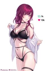 Rule 34 | 1girl, bare shoulders, black bra, black choker, black panties, bra, choker, commentary, cowboy shot, english commentary, grin, helloimtea, highres, honkai: star rail, honkai (series), jewelry, kafka (honkai: star rail), long hair, looking at viewer, navel, necklace, off shoulder, open clothes, open shirt, panties, purple eyes, purple hair, shirt, simple background, smile, solo, standing, stomach, thigh strap, thighs, underwear, white background, white shirt