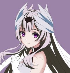 Rule 34 | 1girl, bare shoulders, black choker, black hair, breasts, choker, dress, feather hair ornament, feathers, fire emblem, fire emblem engage, grey hair, hair ornament, highres, kakiko210, long hair, looking at viewer, multicolored hair, nintendo, own hands clasped, own hands together, petite, purple eyes, small breasts, smile, solo, two-tone hair, very long hair, veyle (fire emblem), wavy hair