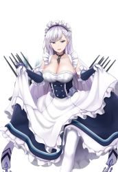 Rule 34 | 1girl, :d, apron, arm guards, azur lane, belfast (azur lane), blue eyes, blush, braid, breasts, cannon, chain, cleavage, clothes lift, collar, collarbone, curtsey, dress, dress lift, french braid, frills, gloves, highres, large breasts, lifted by self, long hair, looking at viewer, maid, maid headdress, open mouth, pantyhose, rigging, silver hair, simple background, smile, solo, tk31, transparent background, white background, white gloves, white pantyhose