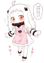 Rule 34 | 10s, 1girl, abyssal ship, ahoge, apron, barefoot, blush, colored skin, commentary request, dress, horns, kantai collection, long hair, migu (migmig), mittens, northern ocean princess, pale skin, red eyes, simple background, sleeveless, sleeveless dress, solo, sweat, sweatdrop, translated, white dress, white hair, white skin