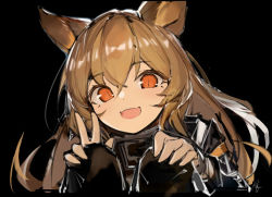 Rule 34 | 1girl, :d, animal ears, arknights, black background, boots, brown footwear, brown hair, brown shirt, ceobe (arknights), dog ears, dog girl, error1980, fang, hands on own knees, highres, long hair, looking at viewer, open mouth, orange eyes, portrait, red eyes, shirt, simple background, skin fang, smile, solo, squatting, thigh boots, thighhighs, upper body, w