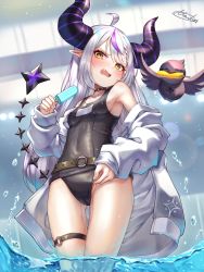 Rule 34 | 1girl, absurdres, ahoge, belt, bird, black one-piece swimsuit, blurry, blurry background, blush, breasts, crow (la+ darknesss), demon horns, embarrassed, fang, food, gluteal fold, highres, holding, holding food, hololive, horns, jacket, la+ darknesss, long hair, long sleeves, looking at viewer, miko no kamiko, multicolored hair, o-ring, one-piece swimsuit, pointy ears, popsicle, purple hair, school swimsuit, signature, silver hair, small breasts, solo, standing, streaked hair, striped horns, swimsuit, thigh gap, thighs, virtual youtuber, wading, water, wet, white jacket, yellow eyes