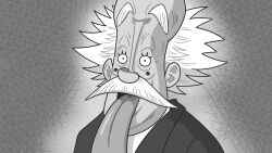 Rule 34 | 1boy, albert einstein, alternate costume, black eyes, dr. vegapunk, facial hair, facial mark, greyscale, looking at viewer, male focus, monochrome, mustache, old, old man, one piece, open mouth, parody, portrait, short hair, solo, steve yurko, tongue, tongue out, white hair