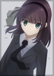 Rule 34 | 1girl, alternate costume, angel beats!, black hairband, black necktie, black suit, blunt bangs, border, bow, closed mouth, commentary, dutch angle, floating clothes, floating hair, formal, green bow, green eyes, grey background, hair bow, hairband, highres, lelie (lelie link), long sleeves, looking at viewer, medium hair, nakamura yuri, necktie, purple hair, simple background, solo, split mouth, suit, upper body, wind