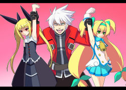 Rule 34 | 1boy, 2girls, ahegao, arc system works, arm grab, arm up, licking armpit, armpits, arms up, bell, blazblue, blazblue: continuum shift, blonde hair, cowbell, empty eyes, gloves, gothic lolita, green eyes, hair ornament, hair ribbon, hair tie, heart, heterochromia, letterboxed, licking, lolita fashion, long hair, looking at viewer, low-tied long hair, multiple girls, open mouth, out of character, pedophile, platinum the trinity, quad tails, rachel alucard, ragna the bloodedge, rape face, red eyes, ribbon, s-no, saliva, shaded face, short hair, skirt, standing, symbol-shaped pupils, tongue, tongue out, twintails, two side up, uniform, vampire, very long hair, white hair
