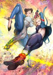 Rule 34 | 2girls, artist name, ass, blonde hair, blue eyes, blue pants, boots, bracelet, breasts, brown eyes, brown hair, cammy white, capcom, china dress, chinese clothes, chun-li, clenched teeth, closed mouth, commentary request, commission, crop top, double bun, dress, earrings, fighting stance, fingerless gloves, fujii eishun, full body, gloves, hair bun, highres, jacket, jewelry, large breasts, leg up, lips, long sleeves, makeup, midriff, multiple girls, open clothes, open jacket, pants, parted lips, pelvic curtain, red footwear, scar, scar on face, signature, simple background, skeb commission, skin tight, street fighter, street fighter 6, tank top, teeth, yoga pants