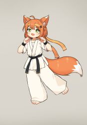 Rule 34 | 1girl, ahoge, animal ear fluff, animal ears, barefoot, belt, black belt, black wristband, bright pupils, chinese commentary, claw pose, commentary request, dot nose, dougi, fang, fox ears, fox girl, full body, green eyes, grey background, headband, highres, kuma-bound, looking at viewer, martial arts belt, medium hair, open mouth, orange hair, orange headband, original, pants, simple background, skin fang, smile, solo, standing, tail, toes, white pants, white pupils