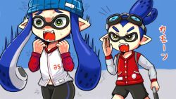 Rule 34 | 1boy, 1girl, bike shorts, child, fangs, goggles, hat, inkling player character, nintendo, open mouth, pointy ears, splatoon (series), sweat, takamame, tongue
