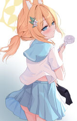 Rule 34 | 1girl, absurdres, animal ear fluff, animal ears, ass, bag, blue archive, blue eyes, blue serafuku, blue skirt, blush, briefcase, closed mouth, commentary request, cropped legs, electric fan, embarrassed, flower, fox ears, fox girl, from behind, gradient background, hair between eyes, hair flower, hair intakes, hair ornament, halo, hand fan, head tilt, highres, holding, holding bag, holding fan, jacket, long hair, low ponytail, mari (blue archive), no panties, orange hair, pleated skirt, ponytail, school bag, school briefcase, school uniform, serafuku, shirt, short sleeves, sidelocks, skirt, solo, sweat, sweatdrop, tarako (tarakopng), thighs, white background, white flower, white jacket, white shirt, yellow halo
