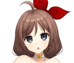 Rule 34 | 1girl, :o, ahoge, bare shoulders, black eyes, brown hair, character request, collar, collarbone, commentary request, copyright request, hair between eyes, looking at viewer, portrait, red ribbon, ribbon, simple background, solo, ssumbi, star (symbol), white background, white collar