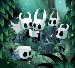 Rule 34 | 6+others, arizuka (catacombe), bench, bird, black skin, cape, chips (food), colored skin, commentary request, feathers, food, green theme, helmet, highres, hollow knight, lying, map, multiple others, on stomach, outdoors, plant, side-by-side, sitting, sleeping, standing, white headwear