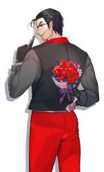 Rule 34 | 1boy, beryl gut, black gloves, black hair, bouquet, commentary request, facial hair, fate/grand order, fate (series), flower, glasses, gloves, hair slicked back, male focus, open mouth, pants, pointy ears, rose, shiratori yokikana, shirt, smile, solo, stubble, waistcoat