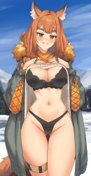 Rule 34 | 1girl, absurdres, animal ears, arknights, black bra, black panties, blue sky, blush, bra, breasts, brown eyes, brown hair, cloud, coat, commentary request, cowboy shot, day, grey coat, grin, groin, hands on own chest, highres, large breasts, long hair, long sleeves, looking at viewer, navel, open clothes, open coat, panties, radioneet, ratatos browntail (arknights), sky, smile, solo, standing, stomach, thighs, underwear