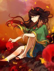 Rule 34 | 1girl, barefoot, black hair, blue shorts, floating hair, from side, green shirt, highres, horns, kaigen 1025, long hair, nippaku zanmu, oni horns, open mouth, profile, red eyes, sandals, shirt, shorts, sitting, solo, touhou, unfinished dream of all living ghost, wide sleeves