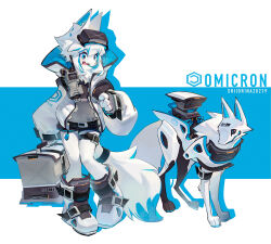 Rule 34 | 1girl, :d, absurdres, animal ear fluff, animal ears, artist name, belt, black shorts, blue background, blue eyes, blue hair, blue theme, body fur, boots, box, commentary, creature and personification, drop shadow, fewer digits, full body, furry, furry female, goggles, goggles on head, high collar, highres, holding, holding box, jacket, knee boots, limited palette, long sleeves, multicolored hair, object request, open mouth, original, puffy long sleeves, puffy sleeves, robot, shiiorina, short hair, short shorts, shorts, sideways mouth, ski boots, smile, solo, standing, tail, thigh belt, thigh strap, two-sided fabric, two-tone background, two-tone hair, white background, white footwear, white fur, white hair, white jacket, wolf ears, wolf girl, wolf tail