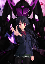 Rule 34 | 10s, 1girl, accel world, antenna hair, black hair, black pantyhose, bow, bug, butterfly, cable, highres, insect, kuroyukihime, long hair, outstretched arm, pantyhose, pink eyes, school uniform, skirt, solo, yagami shuuichi