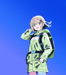 Rule 34 | 1girl, arm up, backpack, bag, blue background, blush, dot nose, green eyes, green jacket, grey hair, hair ornament, hairclip, hiking outfit, jacket, medium hair, okota, one eye closed, open mouth, pantyhose, simple background, solo, standing, yama no susume, yukimura aoi