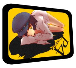 Rule 34 | 1girl, atlus, blue hair, cabbie hat, copyright name, dark persona, hair over one eye, hat, lab coat, legs, looking at viewer, lying, megami tensei, on side, persona, persona 4, r2r008, shadow (persona), shin megami tensei, shirogane naoto, short hair, solo, television, thighs, yellow eyes