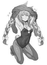 Rule 34 | 1girl, ?, ??, @ @, animal ears, arms up, braid, breasts, closed mouth, collarbone, greyscale, highres, hololive, inamimi (sheep1733), leotard, long hair, looking at viewer, medium breasts, monochrome, multicolored hair, pantyhose, rabbit ears, rabbit girl, rabbit tail, seiza, sitting, solo, tail, twin braids, undressing, usada pekora, virtual youtuber