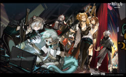 Rule 34 | ambience synesthesia, amiya (arknights), animal ears, arknights, black shirt, blonde hair, blouse, brown hair, earphones, ethan (arknights), grey hair, hat, highres, holding instrument, holding violin, horns, indra (arknights), instrument, lappland (arknights), letterboxed, male focus, multiple girls, official art, pantyhose, pointy ears, red eyes, shirt, siege (arknights), sunglasses, tail, emperor (arknights), thigh strap, violin, w (arknights), white shirt, yellow eyes